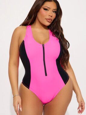 Fashion Nova Adelyn Zip-Up Sculpt Contour One-Piece Swimsuit | Hot Pink Combo 3X